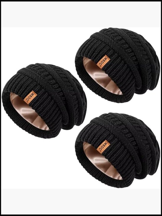 Satin Lined Beanie for Women, Warm Slouchy Winter Hat with Silk Lined,